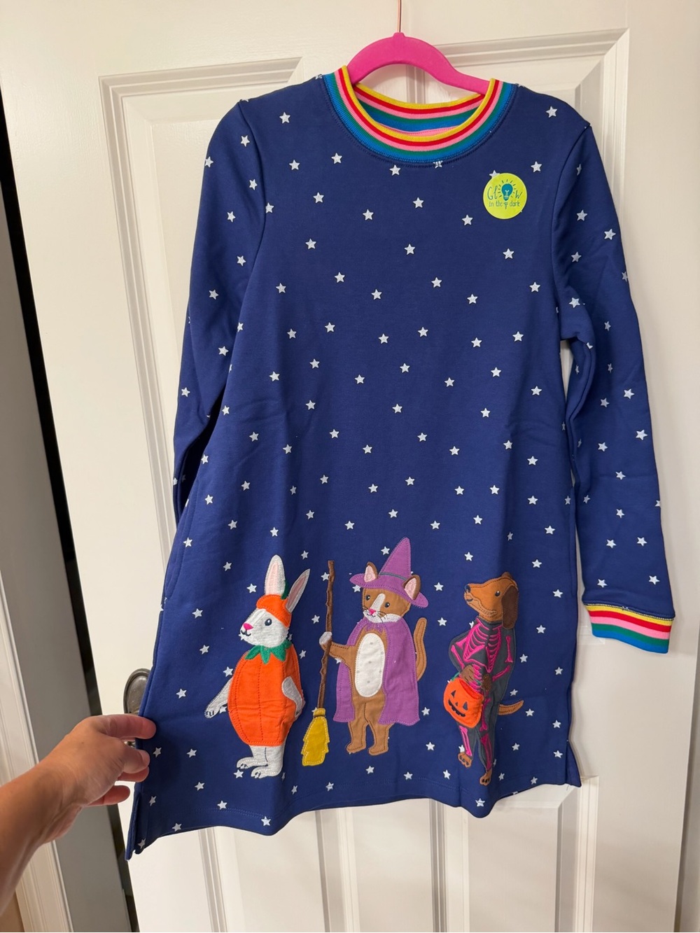 Mini Boden Navy Star Halloween Applique Tunic with Rainbow Trim